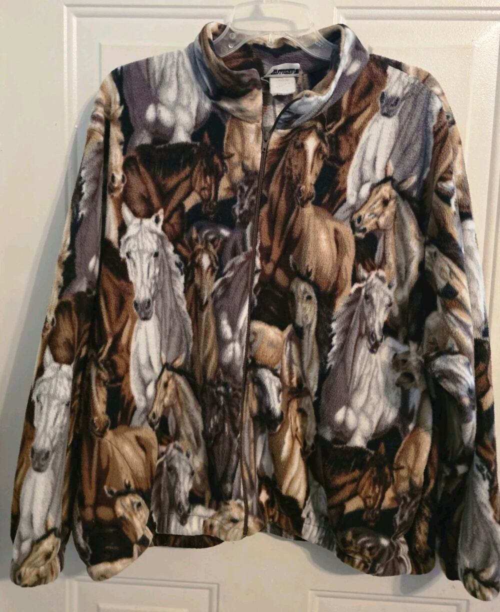Vintage Horse Fleece Jacket Size Large Petite Zip Up Pockets Horses Bonworth LP